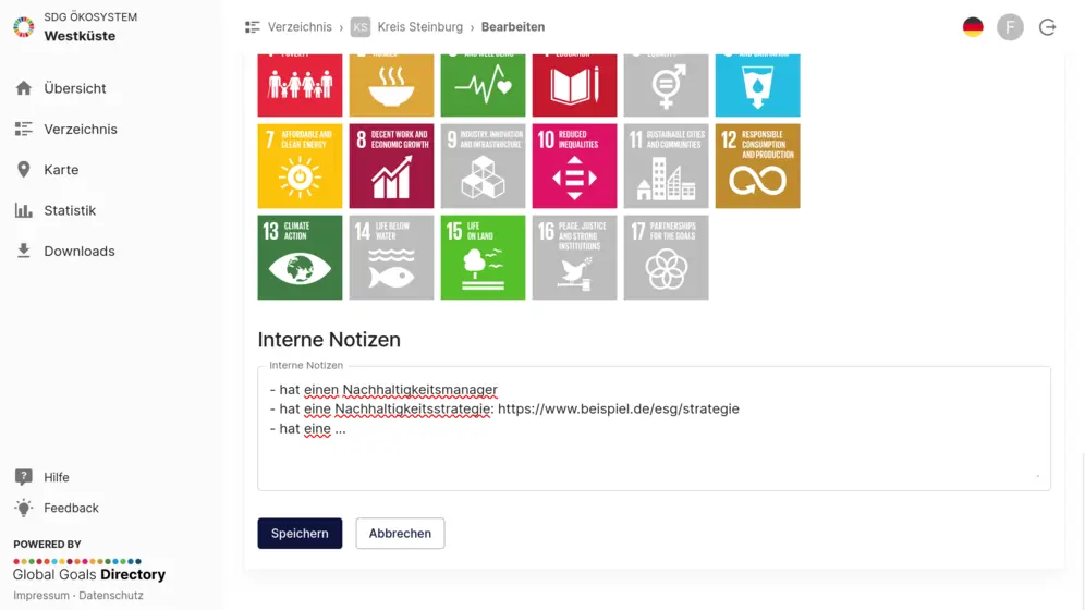 Global Goals Directory Plattform: Notizen beifügen und alle Daten beliebig anpassen